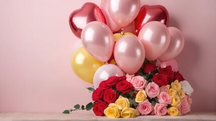 valentine's day balloons and roses on red pink pastel color background . copy space front view card 