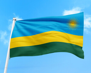 Rwanda flag fluttering in the wind on sky.
