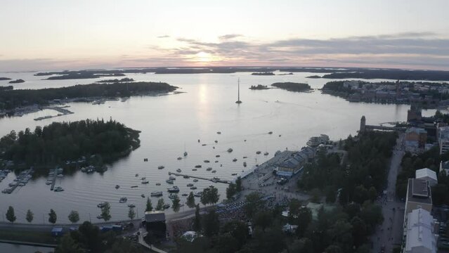Aerial footage of Oulu city at the mouth of the Oulujoki River along the Gulf of Bothnia, Finland