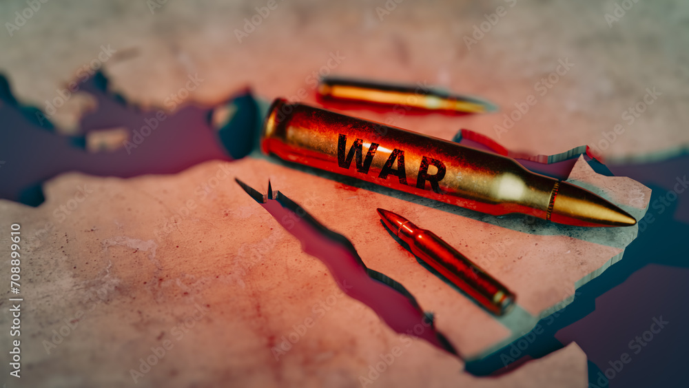 Poster concept of war with bullets on map of middle east, 3d rendering