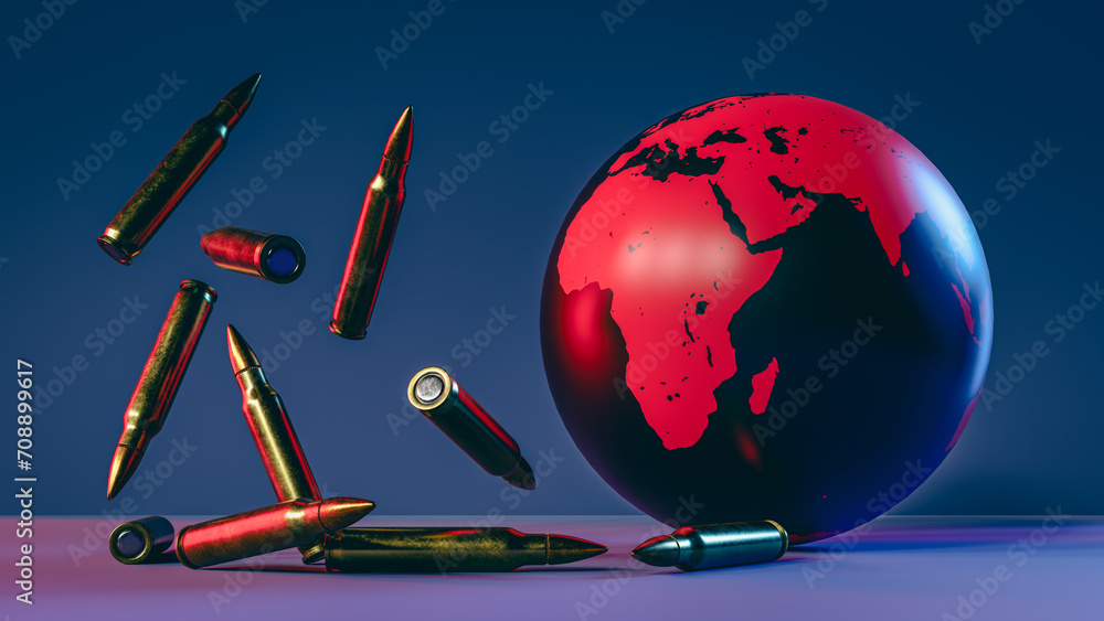 Poster concept image with bullets and earth about global war,3d rendering