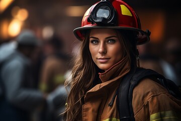 Courageous young woman wearing firefighters uniform ready to save lives and fight fires