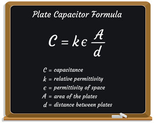 Plate capacitor Formula on a black chalkboard. Education. Science. Formula. Vector illustration.