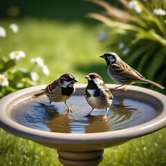 Sparrows are happily frolicking and splashing in a soda bath for birds in the park on a sunny summer day. The concept is animal care.