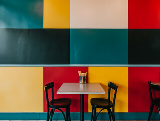 Colorful Dining table in cafe restaurant retro vintage 1980 style interior