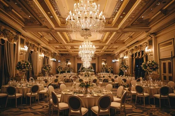 Foto op Plexiglas an event at luxury hotel banquet with dining tables and chandeliers © DailyLifeImages