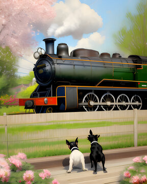 Two Dogs Watch From Behind A Fence As A Powerful Steam Engine Roars Past
