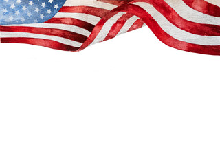 Fototapeta premium Beautiful watercolor drawing of the American Flag. Place for a congratulatory inscription. Greeting card. Closeup, textured. Congratulations for family, loved ones, relatives, friends and colleagues