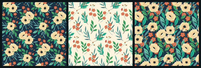 Seamless floral pattern, abstract ditsy print with large flowers in the collection. Botanical design in retro motif, ornament of hand drawn wild flowers, leaves, herbs. Vector natural illustration.