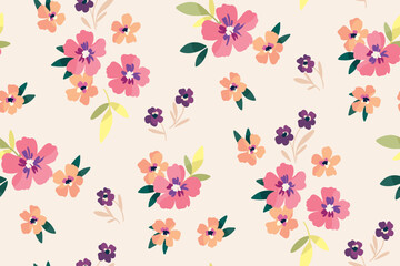 Seamless floral pattern, liberty ditsy print with cute watercolor flowers. Pretty botanical design: small hand drawn pink flowers, tiny leaves, simple abstract bouquets on a light. Vector illustration