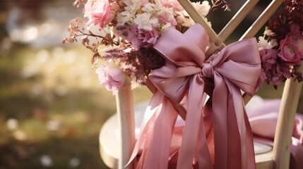 A close-up of a beautifully decorated wedding chair with ribbons and flowers.