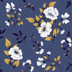 Seamless floral pattern, abstract flower print in graphic vintage style. Classic botanical design: hand drawn large flowers, leaves, branches on blue background. Elegant vector print in winter colors.