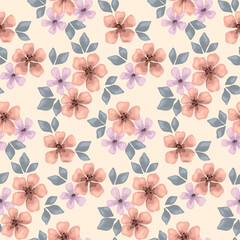 Seamless floral pattern, abstract ditsy print in a gentle folk motif. Romantic botanical design in pastel colors: small hand drawn flowers, leaves on a light field. Vector flower ornament illustration