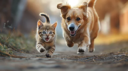 Foto op Plexiglas Scared kitten running away from playful do © tiagozr