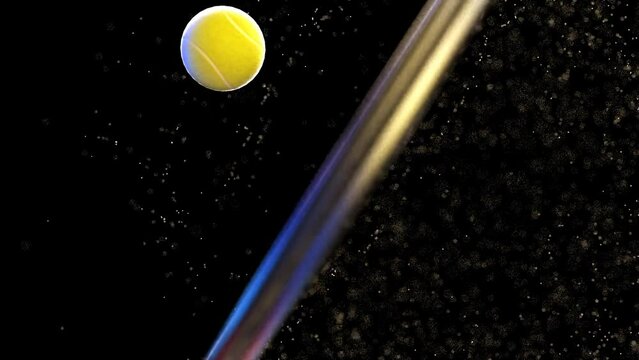 A tennis racket hits a tennis ball and dust flies off from it on a black background, slow motion, colored light, 3D animation