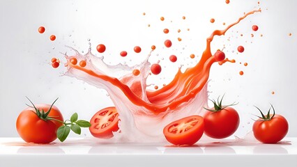tometo with splashes of juice close-up, isolated on a white background