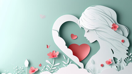 An image in paper cut style, featuring a heart and a woman, Envelope in pastel colors with Valentine's Day elements, depicting the sweetness of love.
