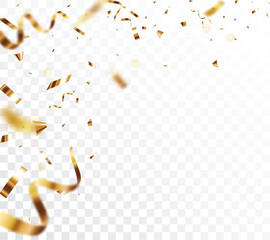 Gold confetti and ribbon background and banner, isolated on transparent background