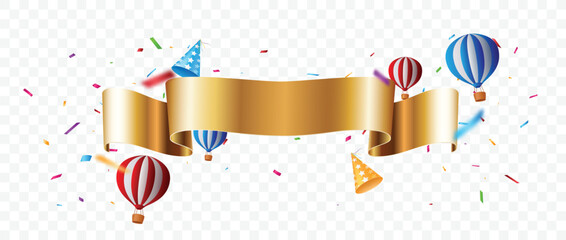 Gold ribbon with colorful confetti and party items banner, isolated on transparent background