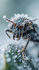 Macro Photography of a Dew-Covered Insect in Crisp Morning Light