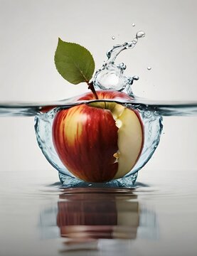 a split apple in the middle of water with a white background
