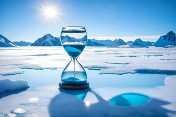 a captivating sight—an hourglass, its upper bulb filled with pure water, stands on a bed of shimmering ice. Beside it, a delightful penguin floats serenely, embracing the tranquil essence of its froze - obrazy, fototapety, plakaty