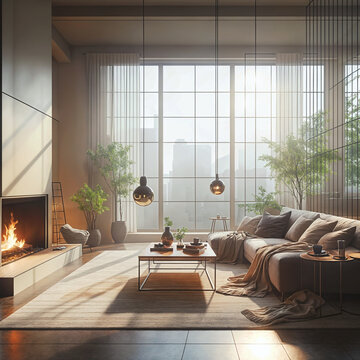 a living room with a couch and a fire place, a digital rendering pixabay contest winner, minimalism, soft light, minimalist, soft mist
