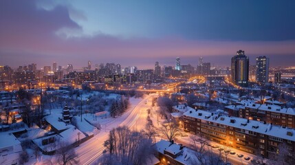 view of a cold scenic cityscape skyline covered with snow in winters