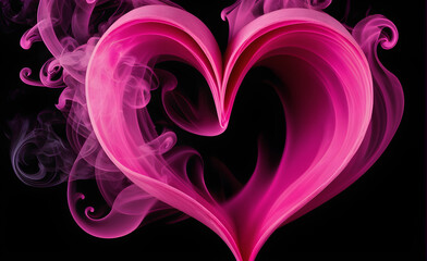 Heart-shaped hot pink smoke against the pitch-black background. Generative AI