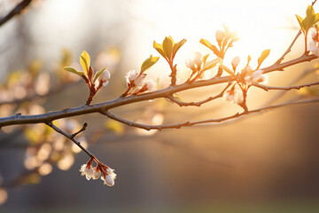 A tree branch in early spring with bursting buds in the early morning sunlight - obrazy, fototapety, plakaty