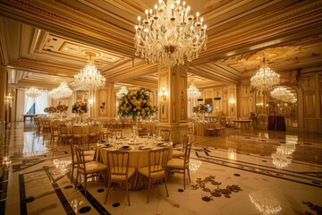 an event at luxury hotel banquet with dining tables and chandeliers