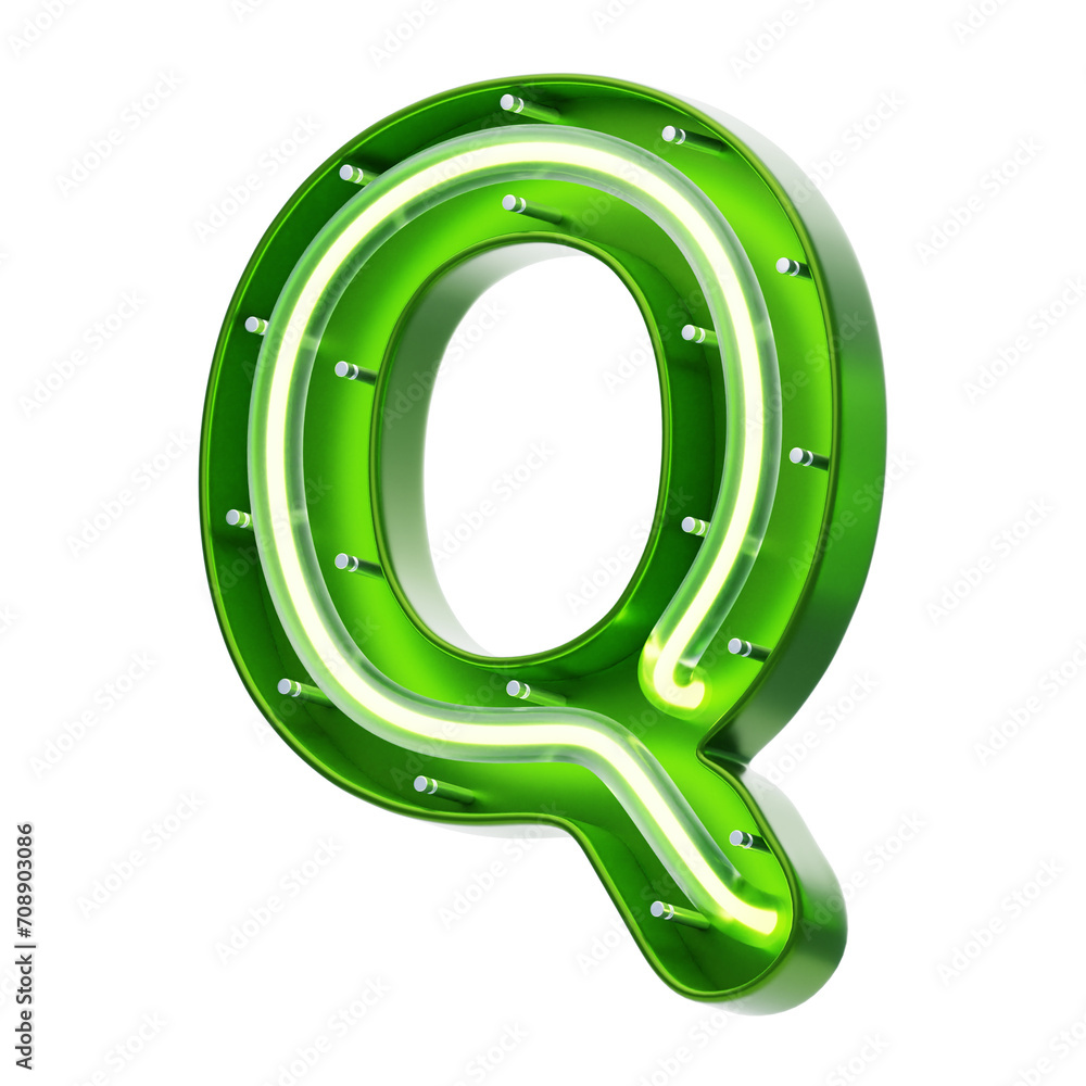 Poster q letter 3d shape neon text. 3d illustration, 3d element, 3d rendering. 3d visualization isolated on