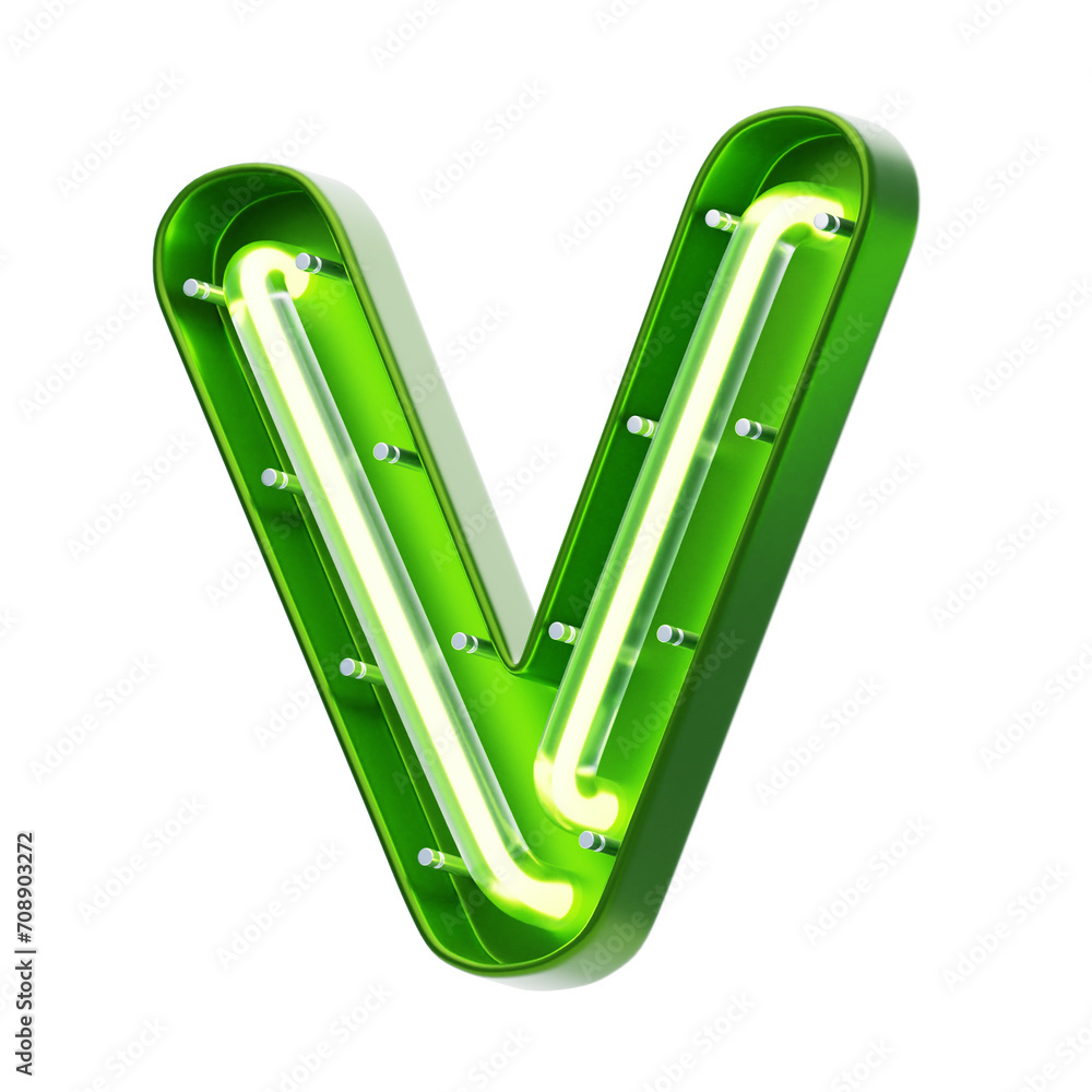 Poster v letter 3d shape neon text. 3d illustration, 3d element, 3d rendering. 3d visualization isolated on