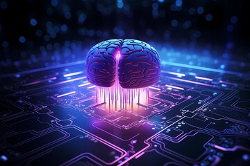 Human Brain Melds with Circuitry. Artificial Intelligence Conceptual Illustration. Futuristic...