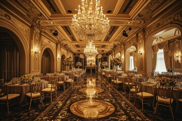 Naklejka premium an event at luxury hotel banquet with dining tables and chandeliers