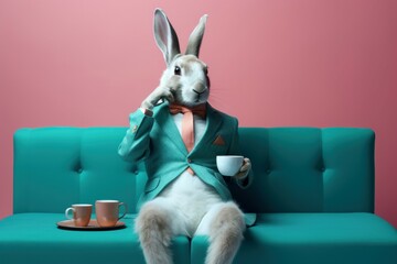 Rabbit with cup tea. Extraordinary and humoristic animal with costume. Generate AI