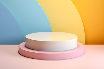 White realistic 3d cylinder pedestal podium with pastel yellow, blue and pink in semi circle backdrop for product.Abstract vector rendering geometric platform. Product display presentation. Minimal