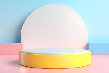 White realistic 3d cylinder pedestal podium with pastel yellow, blue and pink in semi circle backdrop for product.Abstract vector rendering geometric platform. Product display presentation. Minimal
