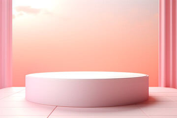 White realistic 3d cylinder pedestal podium with pastel pink in semi circle backdrop for product.Abstract vector rendering geometric platform. Product display presentation. Minimal screen