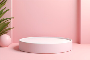 White realistic 3d cylinder pedestal podium with pastel pink in semi circle backdrop for product.Abstract vector rendering geometric platform. Product display presentation. Minimal screen