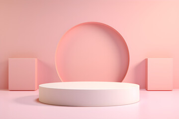 White realistic 3d cylinder pedestal podium with pastel pink in semi circle backdrop for product.Abstract vector rendering geometric platform. Product display presentation. Minimal screen
