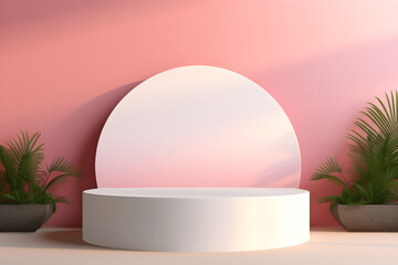 White realistic 3d cylinder pedestal podium with pastel pink in semi circle backdrop for product.Abstract vector rendering geometric platform. Product display presentation. Minimal screen
