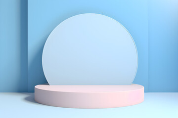 White realistic 3d cylinder pedestal podium with pastel blue in semi circle backdrop for product.Abstract vector rendering geometric platform. Product display presentation. Minimal screen