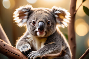 Close-up portrait of a cute small koala sitting on branch, looking at camera, cinematic light, selective focus, golden backlight
