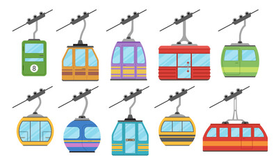 Cable car cableway funicular cabin electrical aerial mountain transport set vector flat illustration © Vikivector