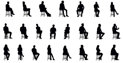 Silhouettes of diverse business people, men and women full length sitting on stool.  Vector illustration isolated on transparent background.