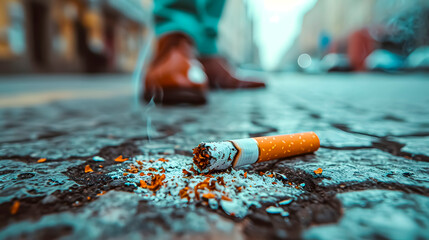 A cigarette butt thrown in the street. World No Tobacco Day.