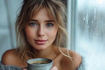 woman with a captivating presence sits by the window, holding a steaming cup of coffee