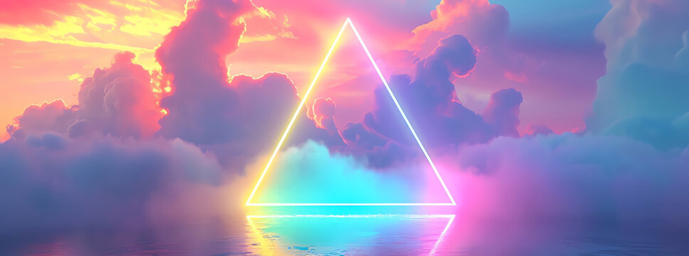 single neon triangle on water with clouds, AI generated