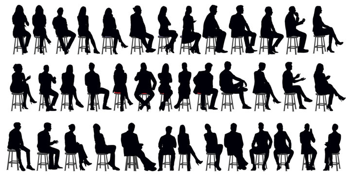 Vector silhouettes of a men and a women sitting on a bench, a group of business people, black color on a transparent background